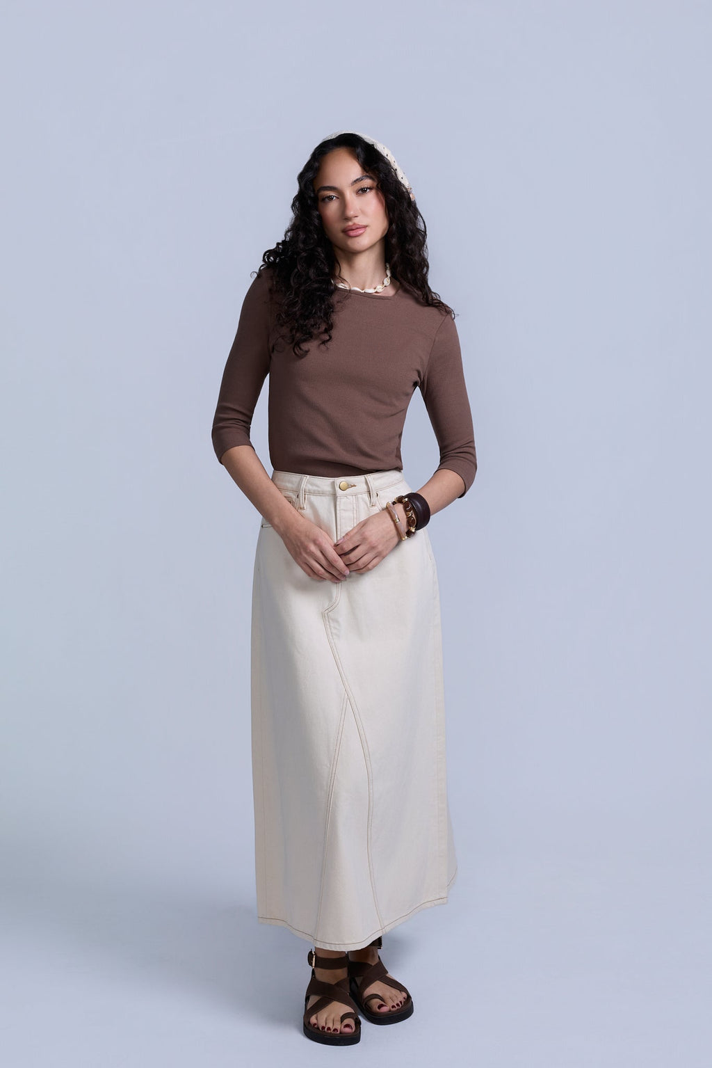 Tan Flared Denim Skirt