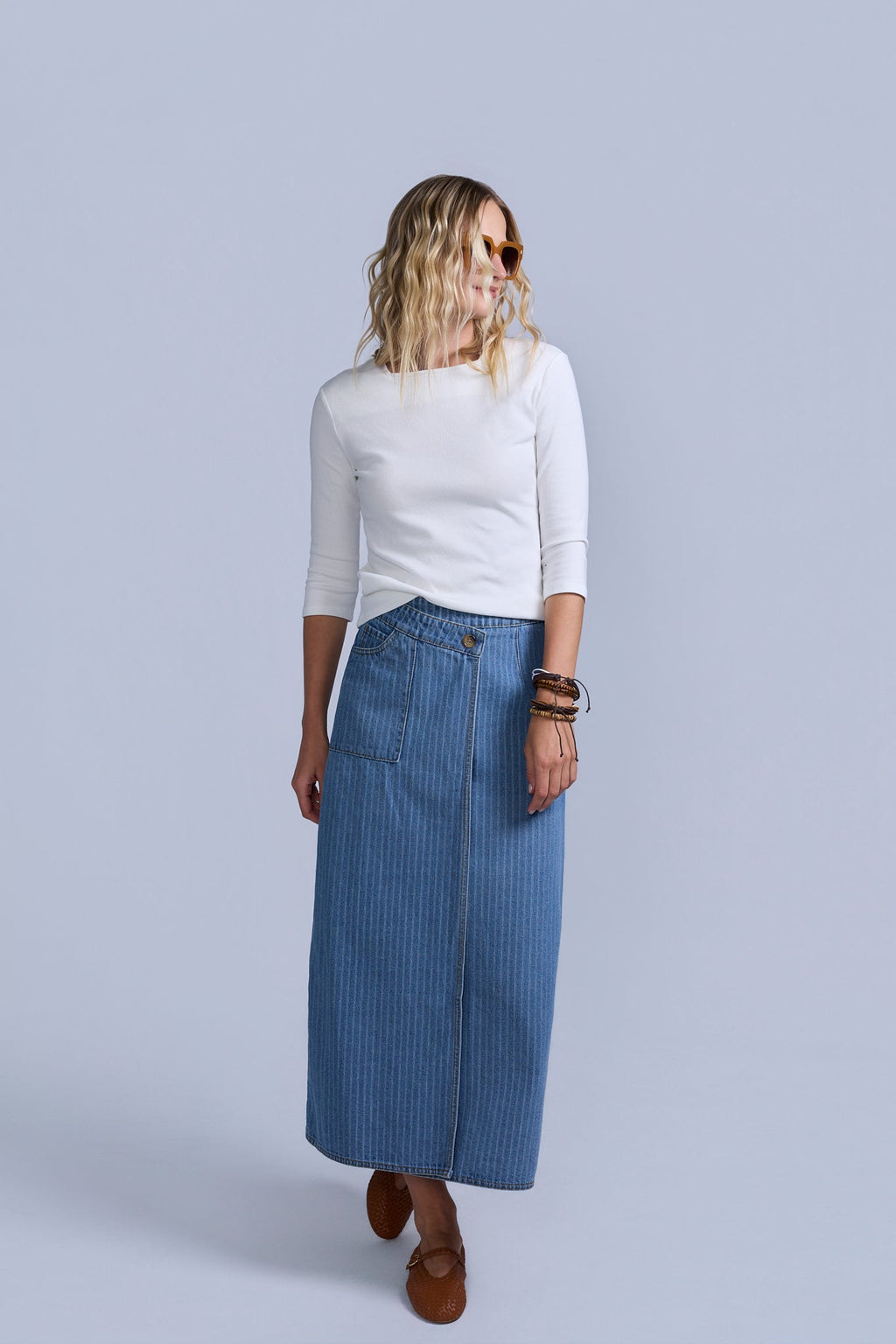 Pinstripe Wrap Denim Skirt